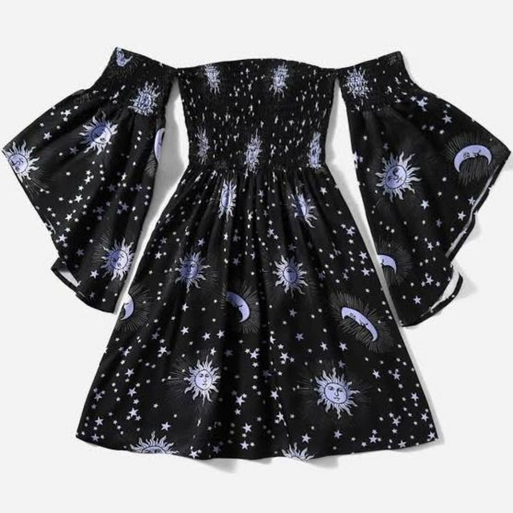 Romwe Shein Abstract Sun & Moon Print Shirred Bell Sleeve Dress